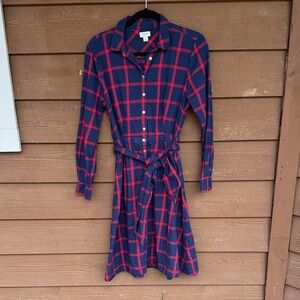 J. Crew Navy and Red Plaid Midi Shirt Dress with Tie Waist